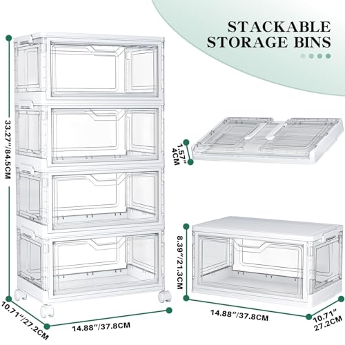 4-Tier Stackable Plastic Storage Bins with Magnetic Doors and Wheels
