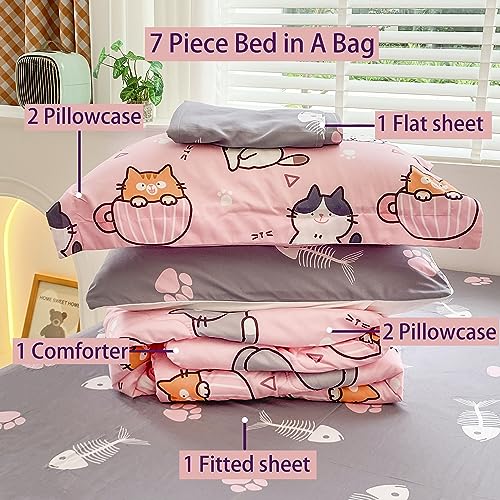 7-Piece Twin Cat Bedding Set, Pink Cartoon Kitten Comforter & Sheet Set