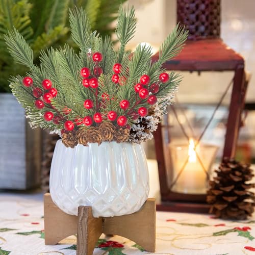 Grunyia 10 Pcs Artificial Pine Cone Picks with Red Berries - Christmas Tree Wreaths