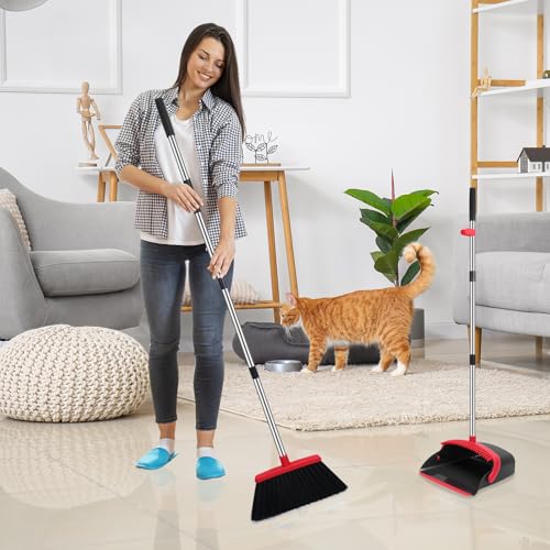 Broom and Dustpan Set with Built-In Comb Teeth, 52-Inch Long Handle - 2 Pack