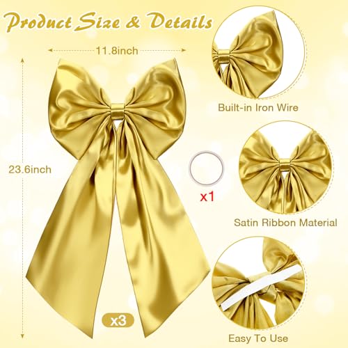 3 Pcs 2 ft Large Gold Christmas Bow Decorations Big Satin Bows Hanging Wall Decors for Room Fireplace Coquette Birthday Backdrop Bridal Shower Wedding Bachelorette Christmas Party Supplies