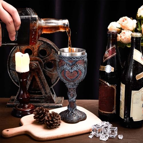 Set of 2 Medieval Dragon Wine Goblets - 7 oz Gothic Stainless Steel Chalice