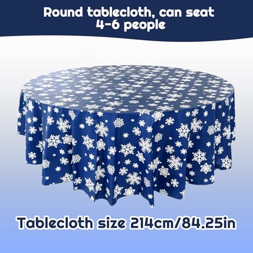 Blue Snowflake Round Tablecloths 84 Inch | 10 Pack Disposable Waterproof Plastic