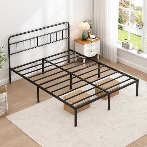 Queen Size Metal Bed Frame with Classic Headboard and Under-Bed Storage