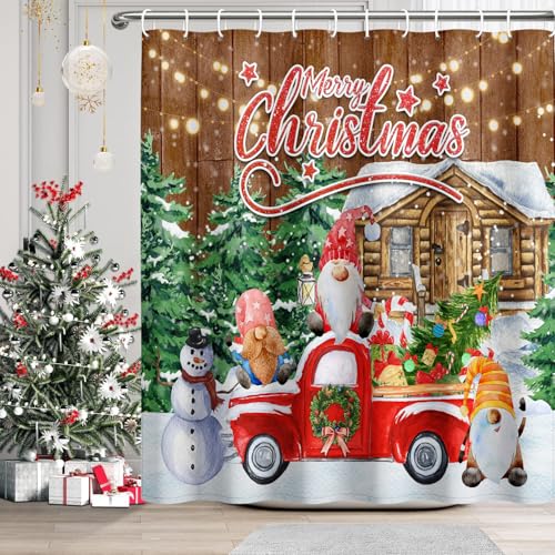 DASHAN Christmas Gnomes Shower Curtain 72x72 Red/Brown — Waterproof Farmhouse Xmas Decor