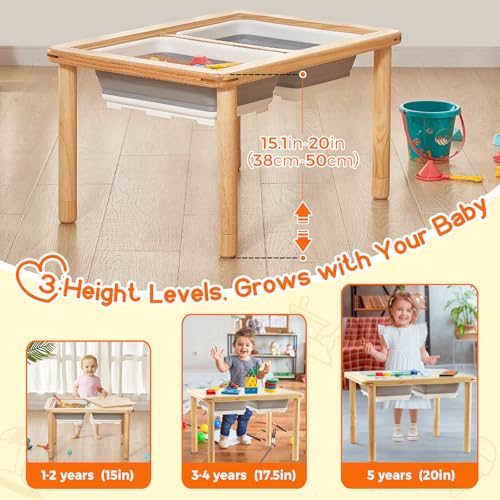 Wooden Sensory Table for Toddlers, 3-Level Adjustable Height Activity Table