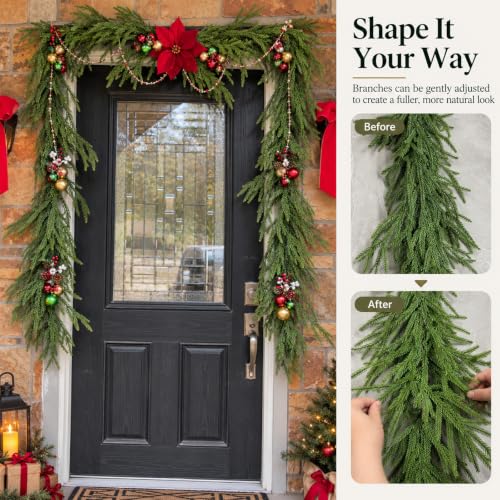A-light Green 6ft Norfolk Pine Christmas Garland for Mantel & Fireplace – Real Touch Outdoor/Indoor Holiday Decor