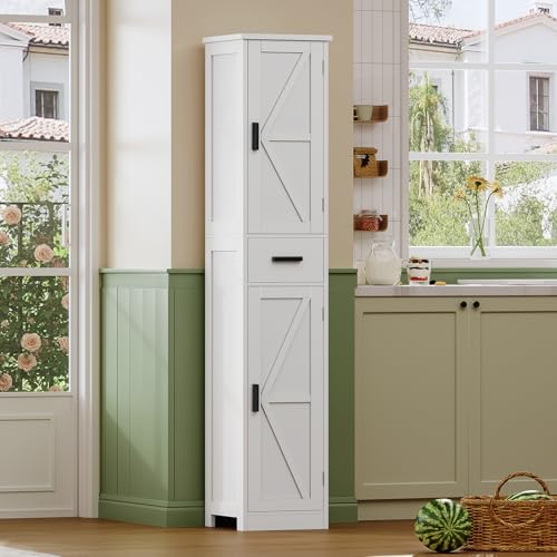 67-Inch Tall Narrow Bathroom Storage Cabinet with 6 Shelves and Drawer