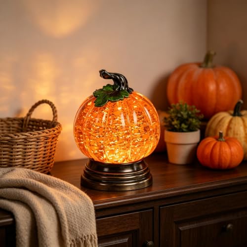 Lighted Pumpkin Snow Globe with LED Glow and Glitter, 6.25-inch