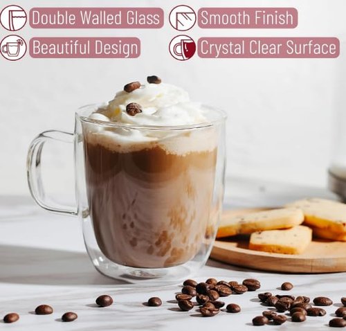 BTaT- Double Walled Espresso Cups, 5 oz, Set of 4, Clear Coffee Mugs, Double Wall Insulated Espresso Cups, Small Coffee Mugs for Tea, Lattes, Macchiatos, Hot & Cold Beverages, Microwave Safe