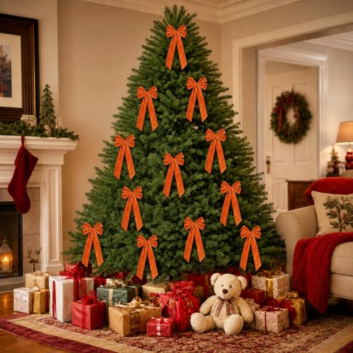 SiplyHaven 12 Pack Orange Velvet Christmas Bows - 5x10 Inch Pre-Tied Holiday Decor