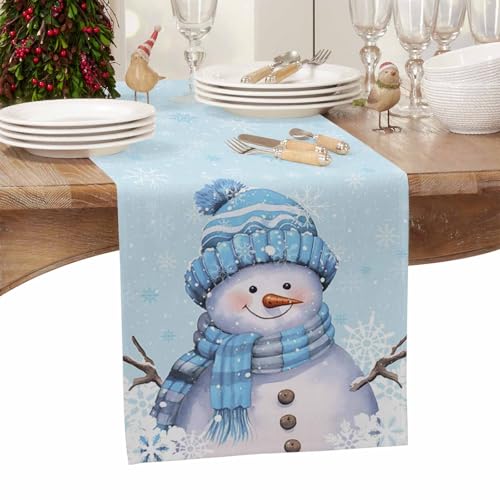 Yukro Light Blue Christmas Snowman Table Runner 13x90 Inch Winter Decor