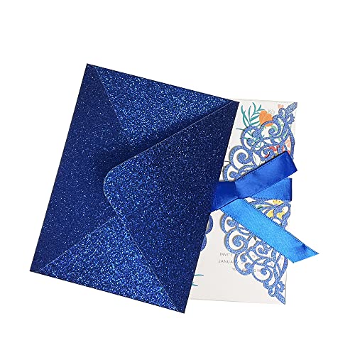 Fashmade Blue 50Pcs Laser Cut Wedding Invitations with Glitter Envelopes & Ribbons (Blank Inside) 5x7 in