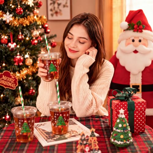 FoldTier 100 Pack Christmas Plastic Cups with Lids & Straws - 12 oz - Holiday Party Supplies