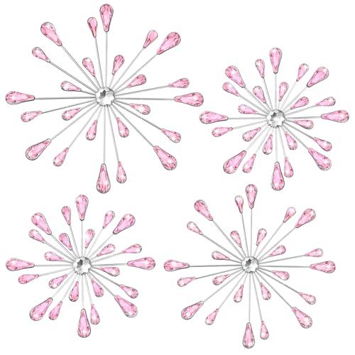 4-Piece Pink Starburst Metal Wall Art Set - 3D Rhinestone Decorative Accents