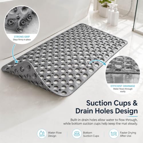 Non-Slip Shower Mat with Suction Cups, Washable Bathtub Mat - Grey 27.6x15"