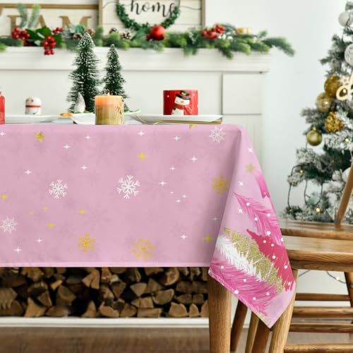 Horaldaily Christmas Tablecloth 60x140 Inch Pink Tree Border Washable Seasonal Table Cover for Holiday & Party Dining