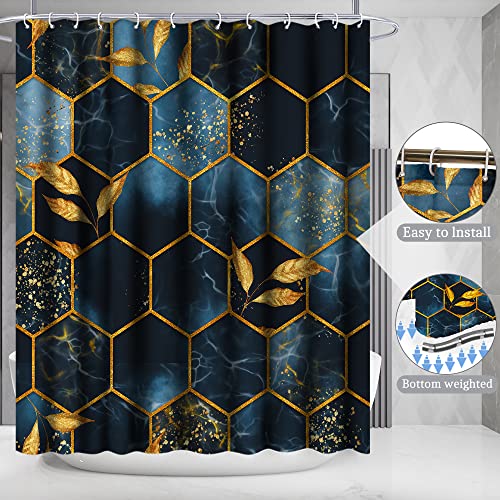 4-Piece Honeycomb Marble Shower Curtain Set with Non-Slip Bath Mat Rugs