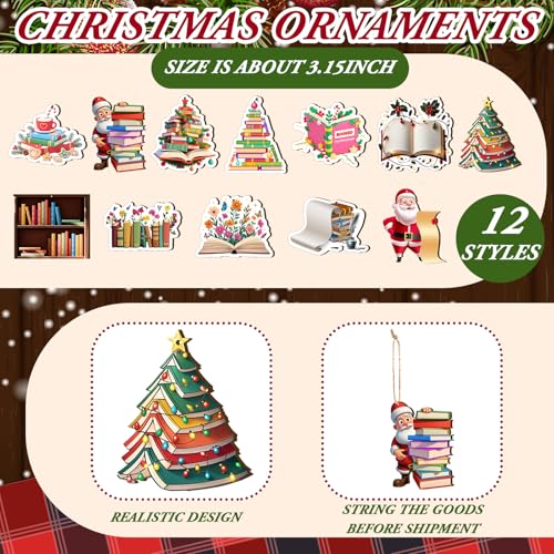 Christmas Wooden Book Lover Ornament Set - Stack of Books - 36 Pack