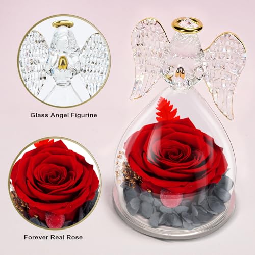 Preserved Real Rose in Glass Angel Figurine - Forever Flower Gift for Her