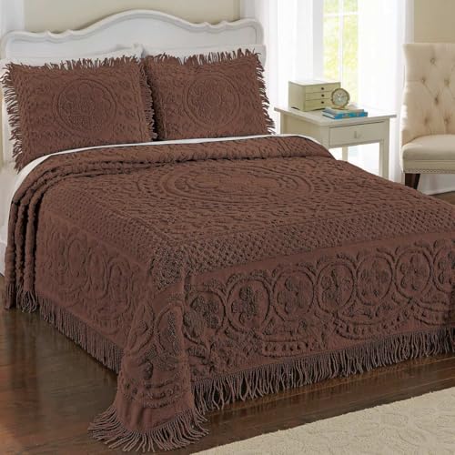 Chenille Lightweight Bedspread with Fringe Border, Queen Size - Chocolate
