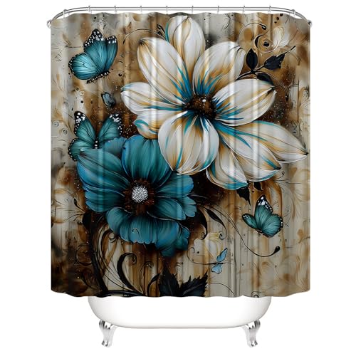 4-Piece Floral Shower Curtain and Bathroom Rug Set with Hooks