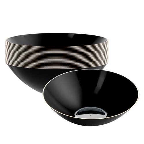 Restaurantware Moderna 16 Ounce Plastic Bowls 20 Durable Disposable Salad Bowls - Gold-Rimmed Heavy-Duty Black Plastic Fancy Bowls For Warm And Cold Foods Ideal For Restaurants