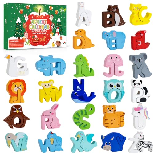 Yxwomenxy Advent Calendar 2026 Animal Alphabet Matching Toy for Kids - Wooden Educational Puzzle, Preschool Learning, Christmas Gift, Variation A