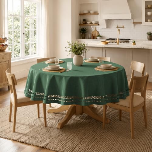 MIULEE 60 Inch Round Christmas Tablecloth Dark Green with Decorative Cutouts
