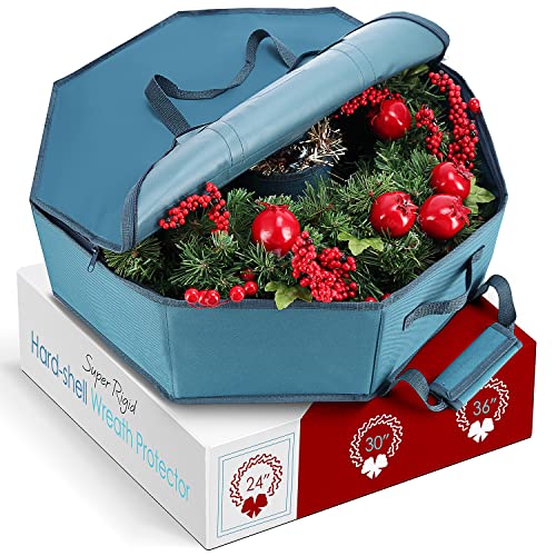 Hard Shell Christmas Wreath Storage Container with Interior Pockets 24 Inch