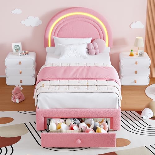 Twin Upholstered LED Rainbow Bed Frame with Storage Drawer, Pink
