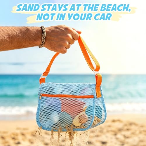 3-Pack Sandproof Mesh Beach Bags for Kids, Adjustable Seashell Collector