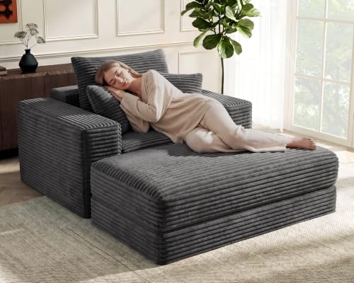 Oversized 60-inch Corduroy Chaise Lounge Chair with Ottoman and Sofa Bed