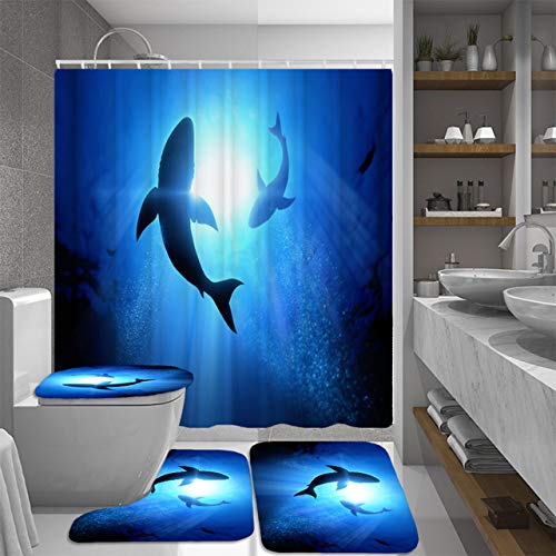 4-Piece Fantasy Shark Shower Curtain Set with Non-Slip Bath Rugs