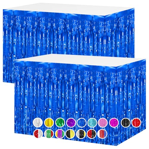 Blue Metallic Foil Fringe Table Skirt - 29.5x108 Inch Party Decoration (2 Pack)