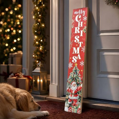 LianheCy Christmas Vertical Porch Sign - 47x7.8in Wooden Welcome Plaque