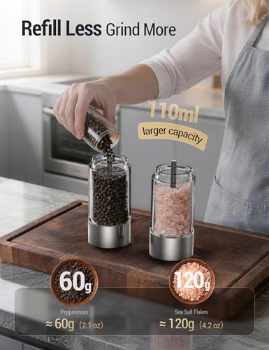 Electric Salt and Pepper Grinder Set, Rechargeable 110ml Mill with LED Light