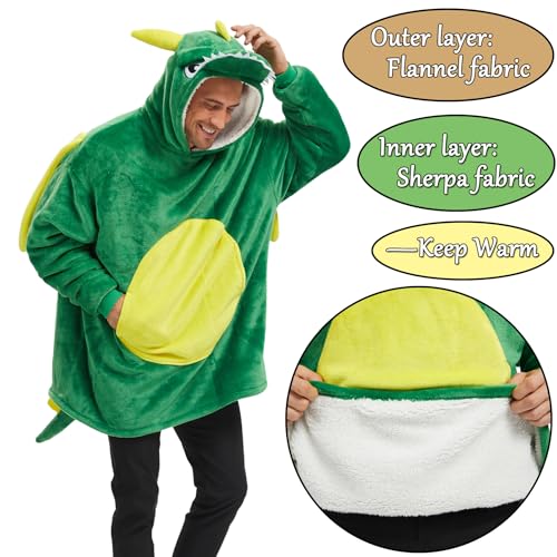 Laahoem Dragon Hoodie Unisex Oversize Flannel Pullover Green One Size