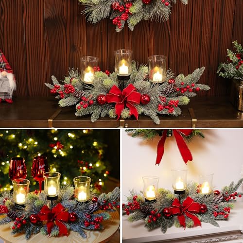 Red Christmas Table Centerpiece with 3 Glass Candle Holders & Berries