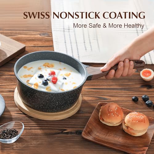 Nonstick Saucepan with Lid - 1.5 Quart Granite Small Cooking Pot for Induction