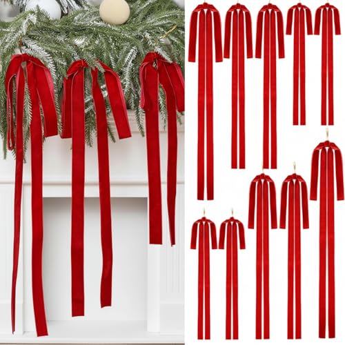 Janinka Red Velvet Christmas Bow Set - 12 Decorative Holiday Ornaments