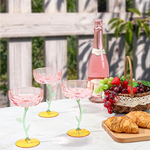 24 Pcs Pink Floral Coupe Glasses, 7oz Detachable Plastic Cocktail Glasses