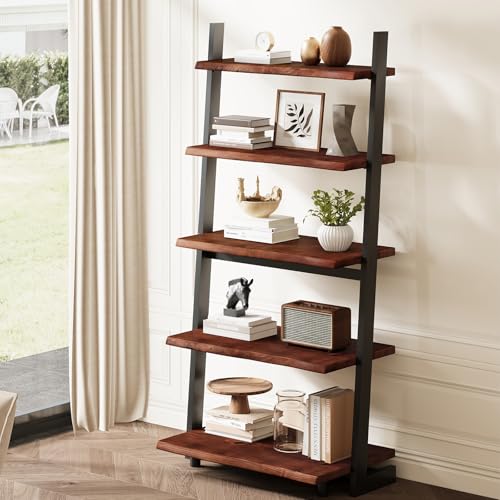 5-Tier Solid Wood Ladder Bookshelf, Rustic Walnut Leaning Storage Shelf