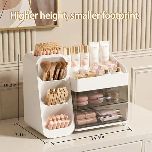 White Large Capacity Makeup Organizer with Brush Holder for Vanity & Bathroom