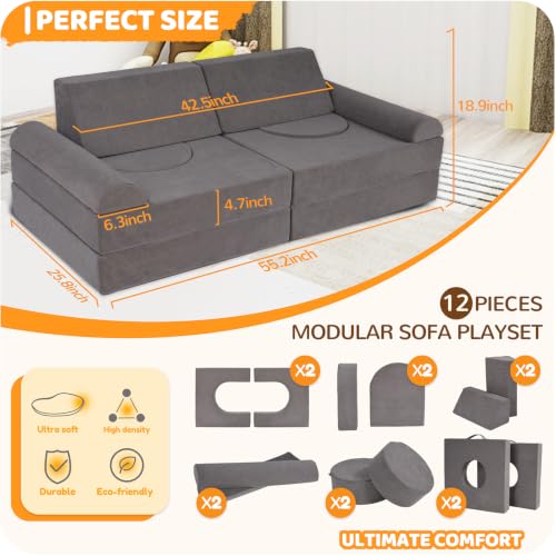 12-Piece Modular Kids Play Couch, Grey Soft Foam Toddler Sofa