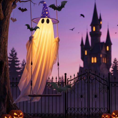 11 FT Light-Up Hanging Ghost Outdoor Halloween Decor with Swing & Bats
