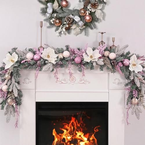 2Pcs Pink Christmas Garland with Lights & Magnolia Flowers - 6Ft Holiday Decor