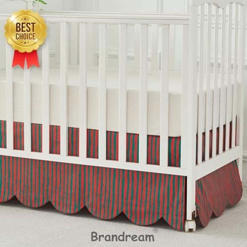 Cotton Crib Skirt with Scallop Edge - Holiday Red & Green Stripes, Baby Nursery Bedding