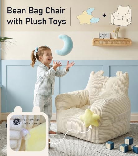Kids Bean Bag Chair with Plush Toys & Side Pocket, Beige Corduroy Seat