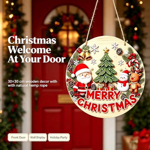 RHUISHU Round Christmas Wooden Welcome Door Sign Holiday Decor for Front Porch
